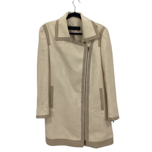 Jenni Kayne Contrast Trim Asymmetrical Coat Cream And Beige Size 8 Rare - Picture 1 of 10